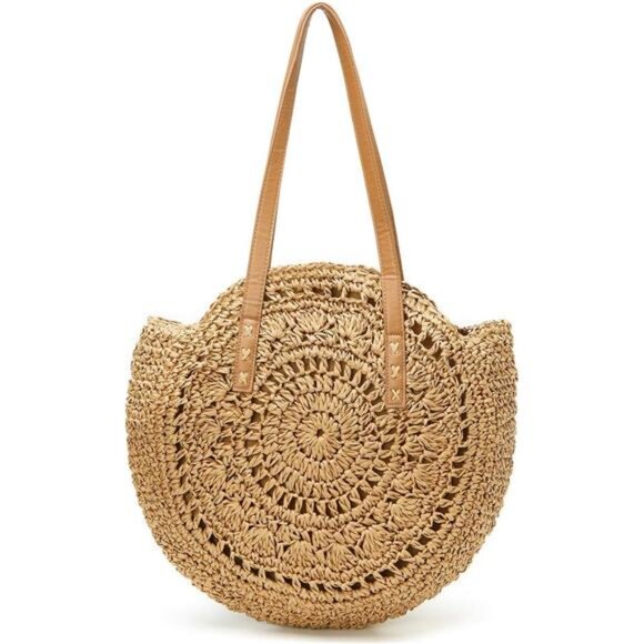 Khaki Straw Bag Round Summer Straw Large Woven Beach Bag Purse For Women - Picture 3 of 7